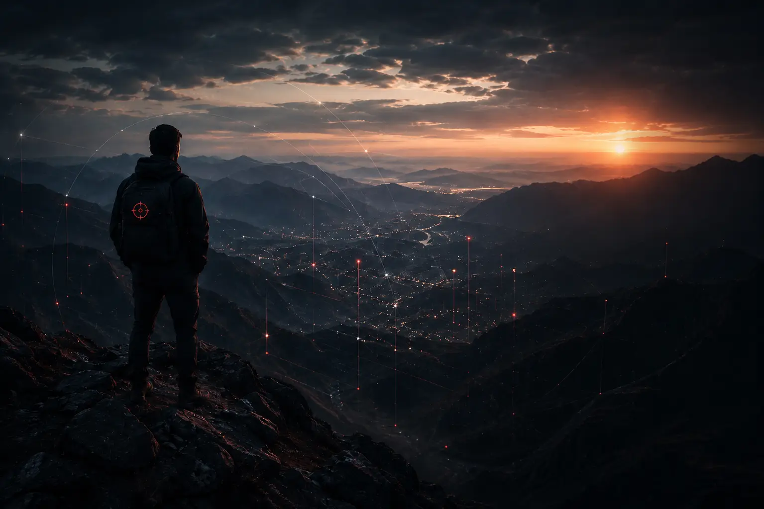 A person overlooks a mountain valley at sunrise with a subtle data network across the landscape.