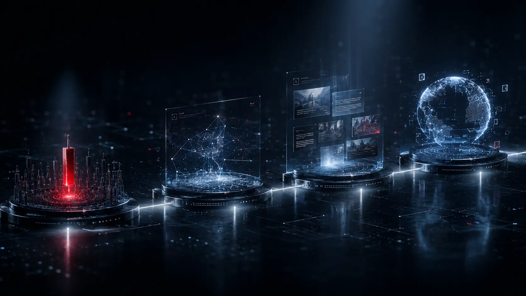 Four connected holographic platforms represent the GridPulse product ecosystem.