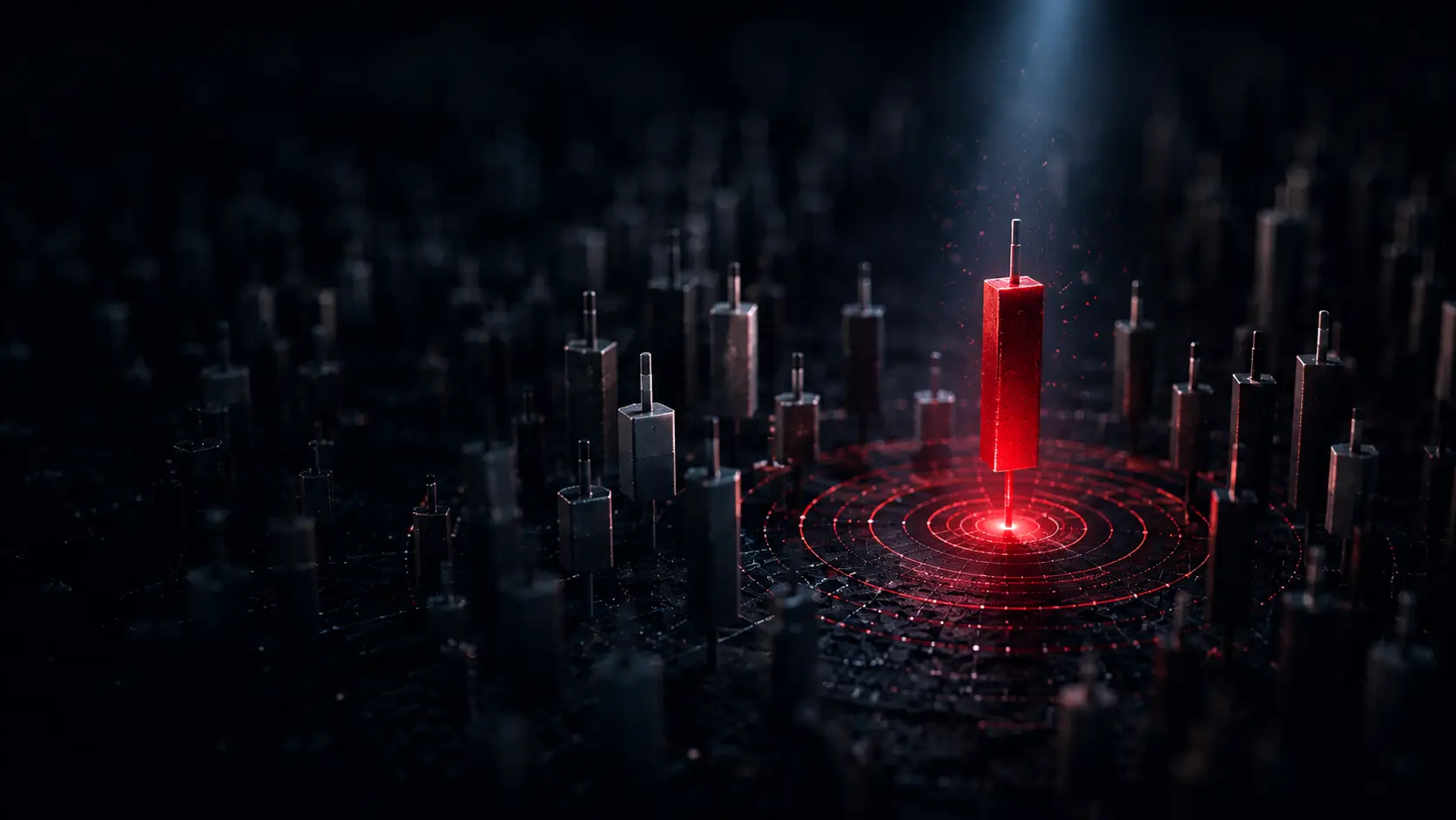 One red market candlestick stands out among many dark candlesticks.