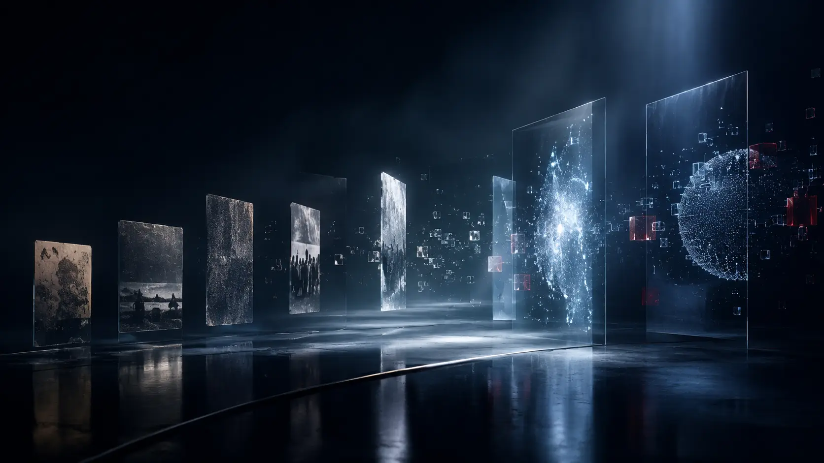 A futuristic gallery of preserved evidence panels arranged across time.